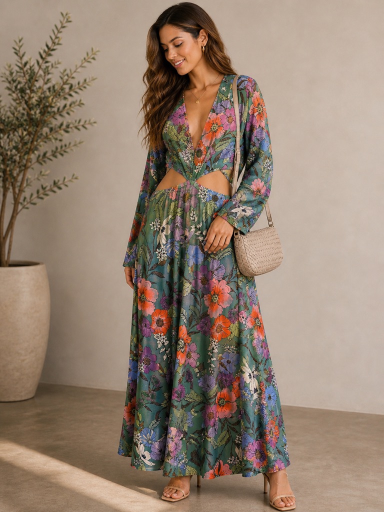 Afrm Floral Cutout Detail Long Sleeve Knit Dress Size Medium